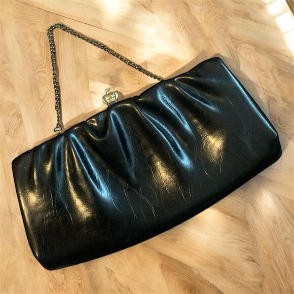 Vintage Black Clutch Snap Leather Bag Shoulder Purse Small Gold Chain - Picture 1 of 7